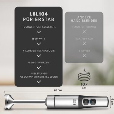 Електричний занурювальний блендер LEBENLANG 1500W з нержавіючої сталі, 800 мл, з кришкою та турборежимом