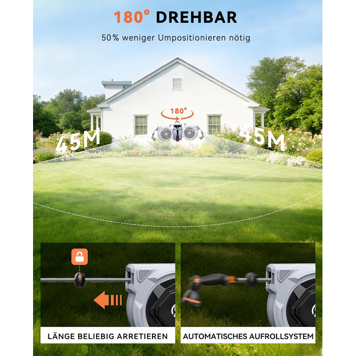 Шланговий барабан SUNPOW настінний 30м для саду, тераси та двору. Автоматичний намотувач, поворотна стійка 180°, 10 функцій розпилення, діаметр 16 мм.