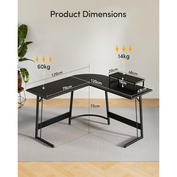 Ігровий стіл CubiCubi L-подібної форми 120x120 см з підставкою для монітора, чорний. Компактний кутовий стіл для комп'ютера, легко збирається.