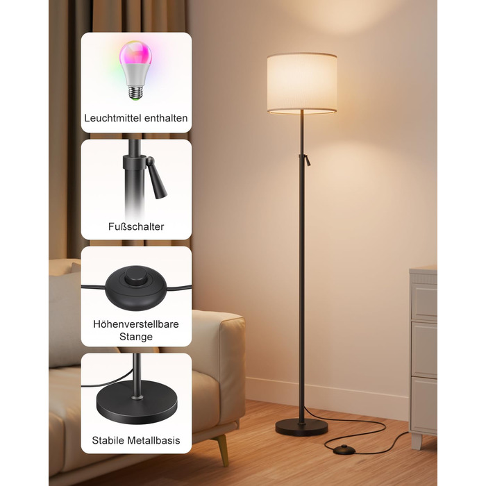 Світлодіодна торшер DUSKTEC RGB для вітальні, смарт-лампа з димером, керування через APP, тепле та холодне біле світло, 10W, 1200LM, регульована висота