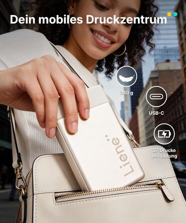 Портативний міні-фотопринтер Liene Pearl N200 Pro з кольоровою сублімацією, 50 фото (5x7,6 см), 5 стрічок, Bluetooth, 300 dpi, для iPhone & Android, акумулятор, золотий колір