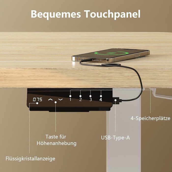 Регульований стіл, 160x80 см, електричний стоячий стіл з подвійним мотором, сенсорна панель, USB-A, кабелеуправління, стільниця 25 мм, ергономічний офісний стіл, білий