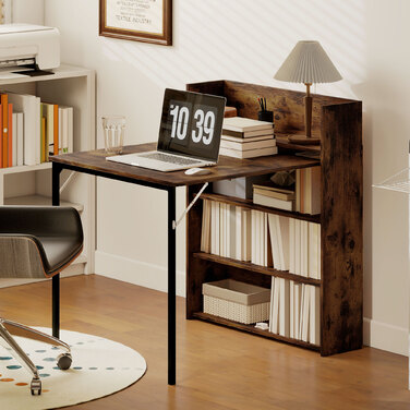 Стіл-трансформер з полицею, в індустріальному стилі, економний за місцем, ідеальний для маленьких приміщень, розмір 80x90x93 см, колір - рустикальний коричневий