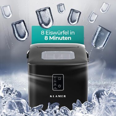 Льодогенератор KLAMER 24 кг/добу, 3 розміри кубиків льоду, 2.2л резервуар, 130W, тихий, чорний