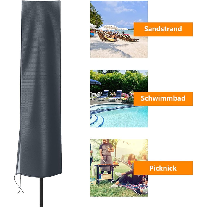 Чохол для парасольки OKPOW 3м, 600D, водонепроникний, з блискавкою, захист від УФ, вітру та снігу (153x30/30 см, темно-сірий)