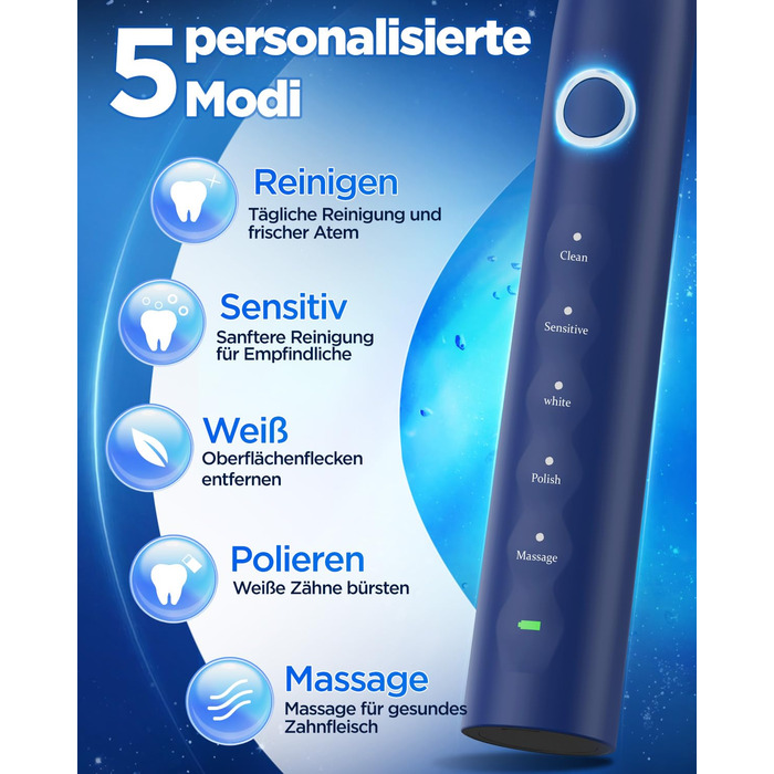 Електрична зубна щітка зі звуковими вібраціями, 8 насадок (3 типи), таймер, 120 днів роботи від акумулятора, 5 режимів чищення, чохол для подорожей, зарядний пристрій для стіни, синій колір