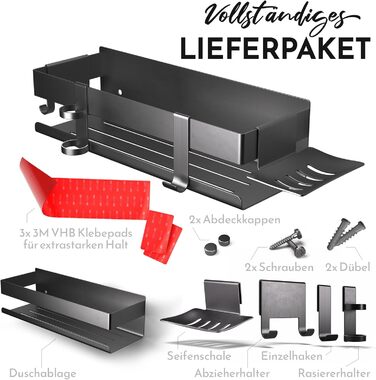 Набір для зберігання в душі Henal 5 в 1: поличка, тримач для бритви, скребок для скла, мильниця та гачки. Організатор для ванної кімнати XXL, не потребує свердління, з нержавіючої сталі, матовий чорний