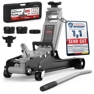 Гідравлічний домкрат Wagenheber 2.5T низькопрофільний для легкових авто та авто з низькою посадкою, до 2500 кг, з кейсом, 3 гумові накладки + адаптер (світло-сірий)