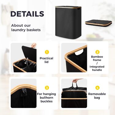 Кошик для білизни Rieeyrslza з кришкою 158 л з бамбука з 2 знімними мішками для білизни, Oxford, складний, для сортування, багатофункціональний, для ковдр та одягу (сірий) (чорний 145л)