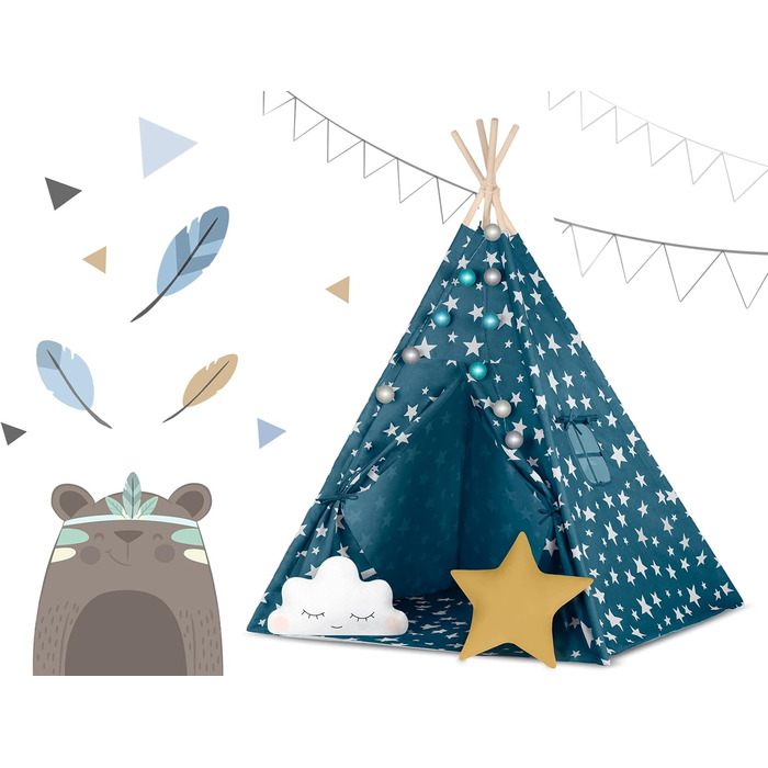 Дитячий намет NUKIDO Tipi з бавовни та дерев'яним каркасом, блакитний, 120x120x165 см
