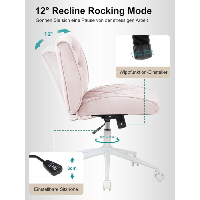 Крісло для дому та офісу Symino з регульованою висотою, функцією гойдання 12°, обшите штучною замшею, 360° обертання, ергономічне, до 150 кг, велике, рожеве