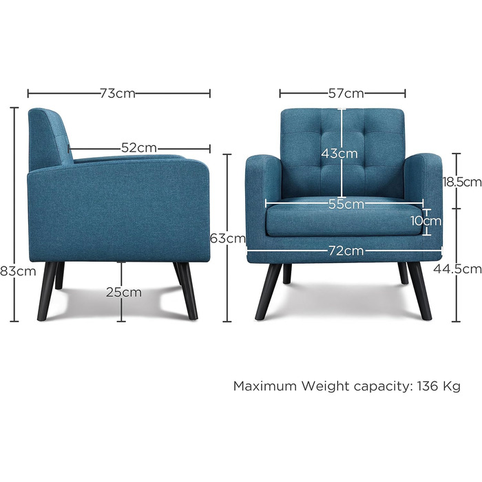 Крісло-мішок Yaheetech з підлокітниками, блакитне, з поліестеру, до 136 кг, для вітальні