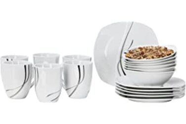 Набір для сніданку Van Well Silver Night, 18 предметів кавові чашки маленькі тарілки миски для пластівців, фарфор, Абстрактний декор