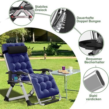 Скромний розкладний лежак на 200 кг з подушкою, сидіння та лежання, регульований для вітальні, балкона, пляжу або басейну (Блакитна плюшева тканина)