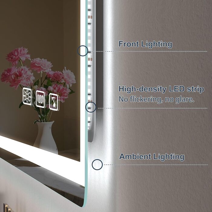 Дзеркало для ванної кімнати S'bagno Bluetooth з підсвічуванням 100x70 см, LED, антизапар, диммер, Bluetooth, HD скло, IP44, горизонтальне/вертикальне