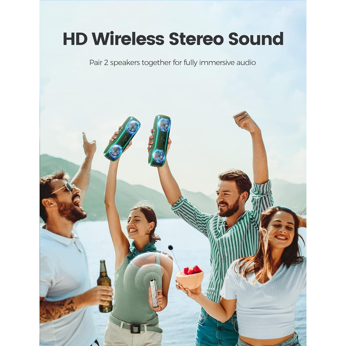 Портативна Bluetooth колонка з підсвічуванням та потужним басом, IPX7, 24 години роботи, вбудований мікрофон, стерео-паринг, для дому та на вулицю (темно-зелений)