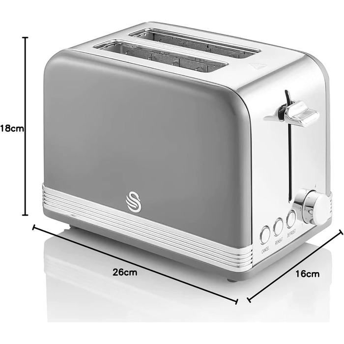 Тостер Swan Retro ST19010GRNEU на 2 скибки, широкий слот, вінтажний дизайн, 3 функції (розморожування, підігрів, скасування), 6 режимів, нержавіюча сталь, сірий, 815 Вт