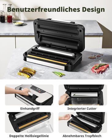 Вакууматор AIRMSEN 95 кПа з функцією підкачки, професійний вакуумулятор для сухих та вологих продуктів, 120 Вт, з відсіком для рулонів, різаком та шлангом, подвійний шва 2x3 мм