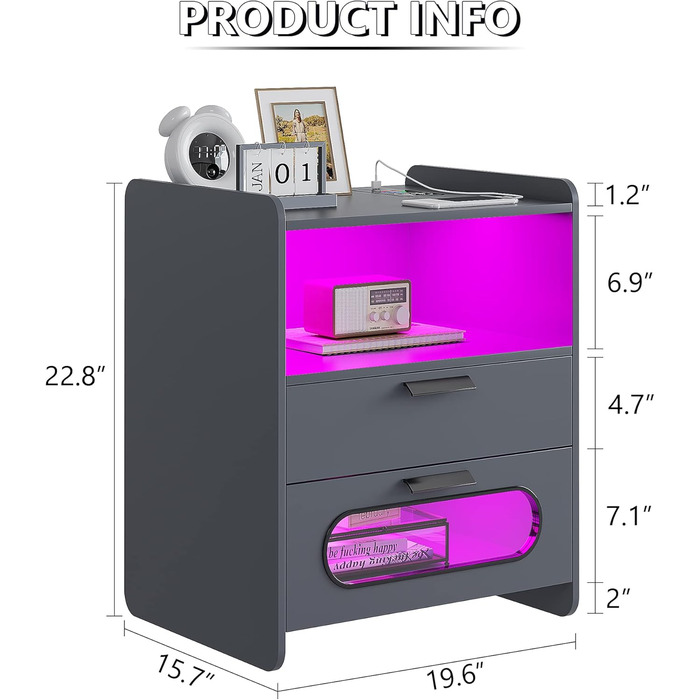 Приліжкова тумбочка Lvifur RGB LED, 2 висувні ящики, сенсор, 20 кольорів, бездротова та USB-зарядка (набір з 2 сірих)