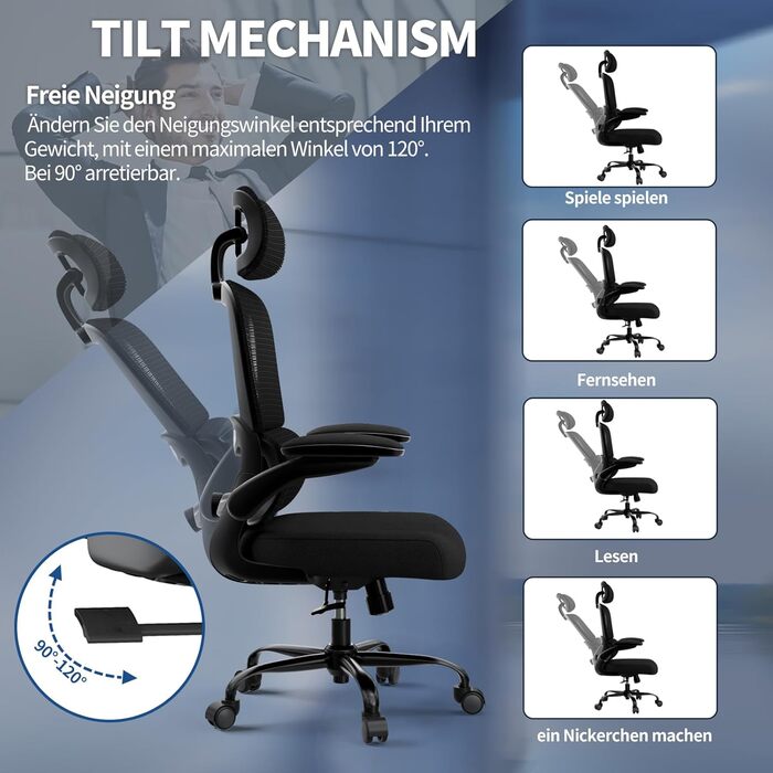 Ергономічне крісло TRALT для офісу з регульованою поперековою підтримкою та підголівником. Ігрове крісло, офісне крісло для дому та офісу. Максимальне навантаження 150 кг, чорний колір.