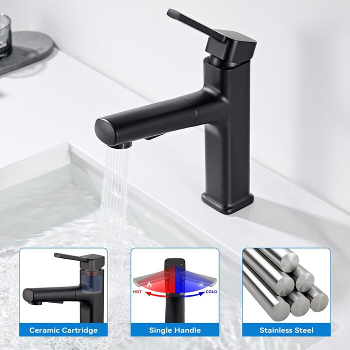 Чорний змішувач для ванної кімнати з висувною лійкою, однорегуляторний, для холодної та гарячої води