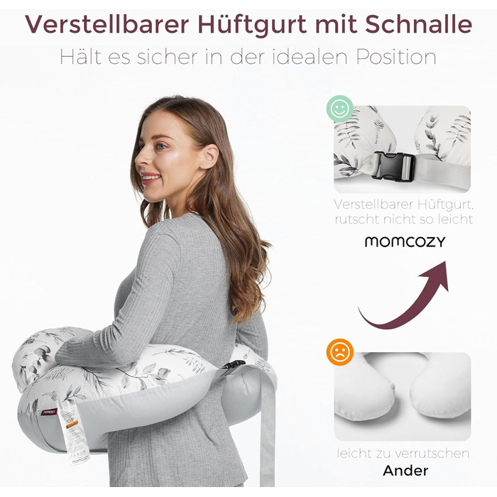 Подушка для годування Momcozy Stillkissen з безпечним бордюром – ергономічна подушка для годування та позиціонування з регульованим ремінцем та знімним бавовняним чохлом, Meteoritenschauer (Світло-сірий)