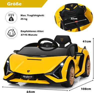 Дитячий електромобіль Lamborghini 12V з пультом, ременем безпеки, світлом, музикою і сигналом, жовтий – електрокар для дітей від 3 років