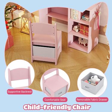 Дитячий туалетний столик LIFEZEAL 2 в 1 з дзеркалом та пуфом, рожевий, з ящиком та аксесуарами для дівчаток від 3 років