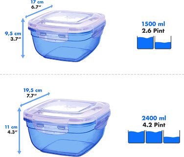 Набір банок для зберігання Грізлі 4 (0,4 л, 0,8 л, 1,4 л, 2,3 л), круглі, пластикові, 100 повітря / вода, Банки для зберігання в мікрохвильовій печі, М'ятні (квадратні 0,5 л, 0,9 л, 1,5 л, 2,4 л, сині)