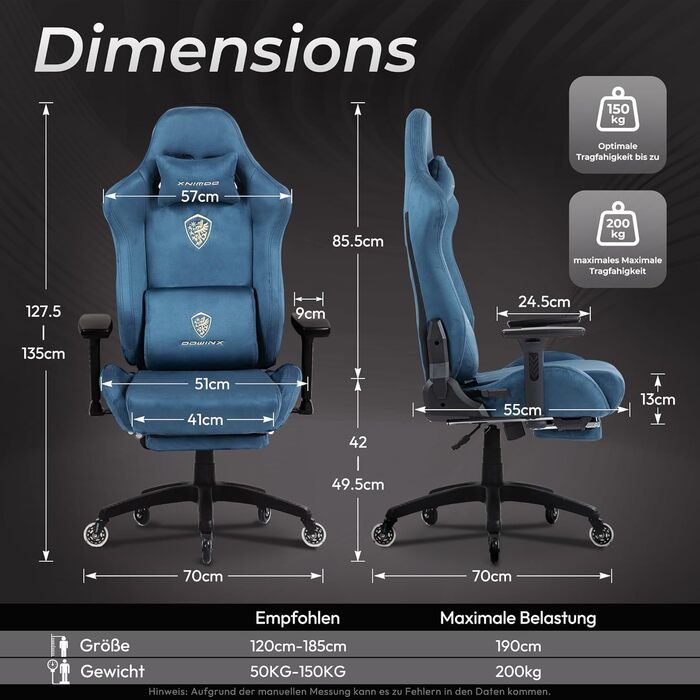 Ігровий крісло Dowinx з мікрофібри, дихаюче та ергономічне, з регульованою підніжкою (блакитне)