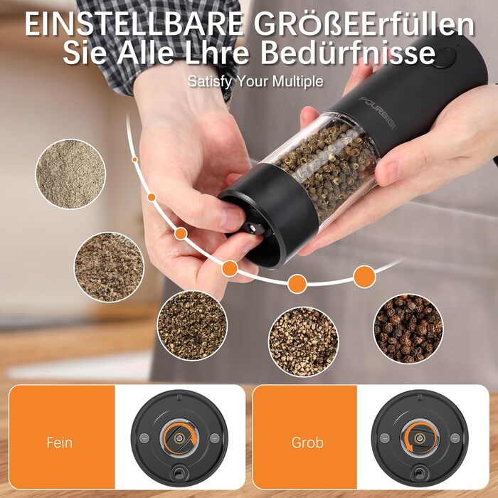 Електричні мельниці для солі та перцю 2 шт. з USB-C зарядкою, 100 мл, 6 ступенів помелу, для зручного використання однією рукою, з LED-підсвічуванням, керамічний жорно, для спецій