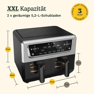 Фритюрниця Cuisinart XXL 10.4L з двозонним нагріванням | Без PFAS та хімікатів | Для смаження, грилю, випікання, дегідратації та підтримання тепла | 2 x 5.2L, 8+ порцій | Знімні деталі з нержавіючої сталі (2 камери)