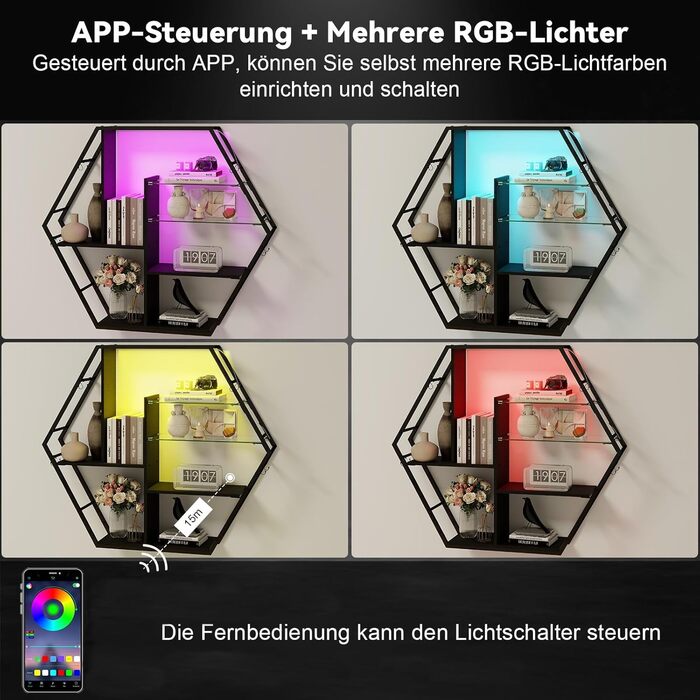 Підвісні полиці YU YUSING з RGB підсвічуванням (7 кольорів), з 8 гачками, для ігор, декору, спальні, кухні, бару, ігрової кімнати, гексагональної форми, 100x20x87 см