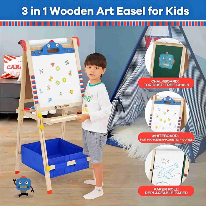 Дитяча мольберт Kinder Staffelei з двома сторонами, регульована висота, з роликом для паперу, аксесуари, підставка для речей (робот)