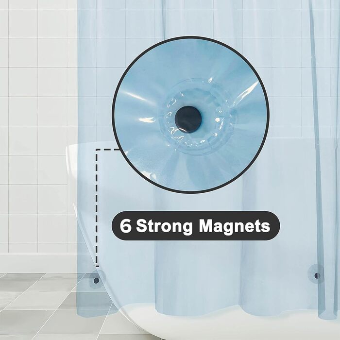 Водостійкий душовий завіс Barossa Design, товстий, м'який, з отворами та магнітами, 182.9 x 182.9 см, прозорий, блакитний