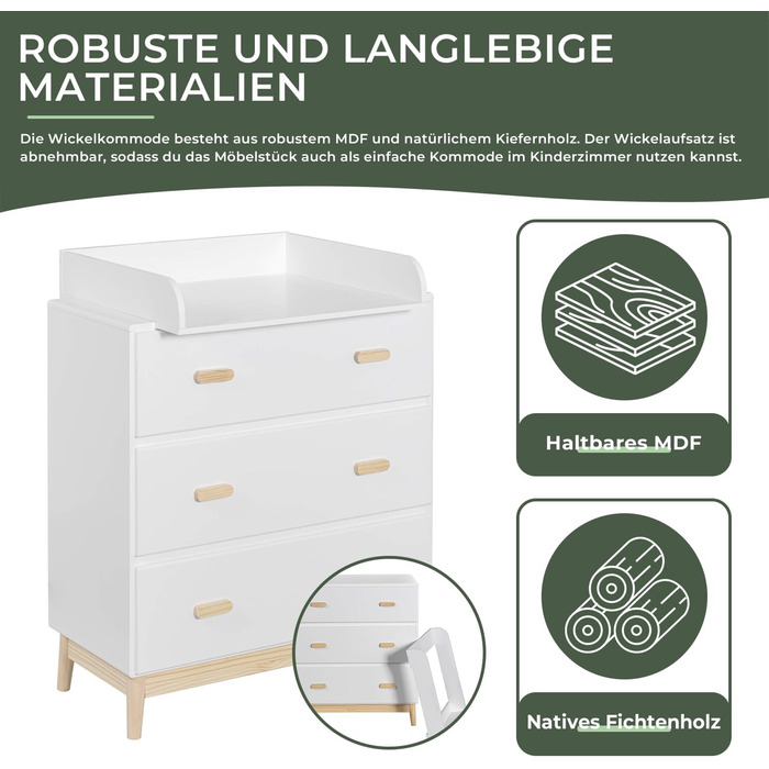 Комод з пеленальним столиком Rebecca Mobili, Aqua Grün Braun, колір блакитно-зелений, матеріал: сосна, MDF, компактний, знімний пеленальний столик, розміри 100 x 80 x 42 см, артикул RE6985