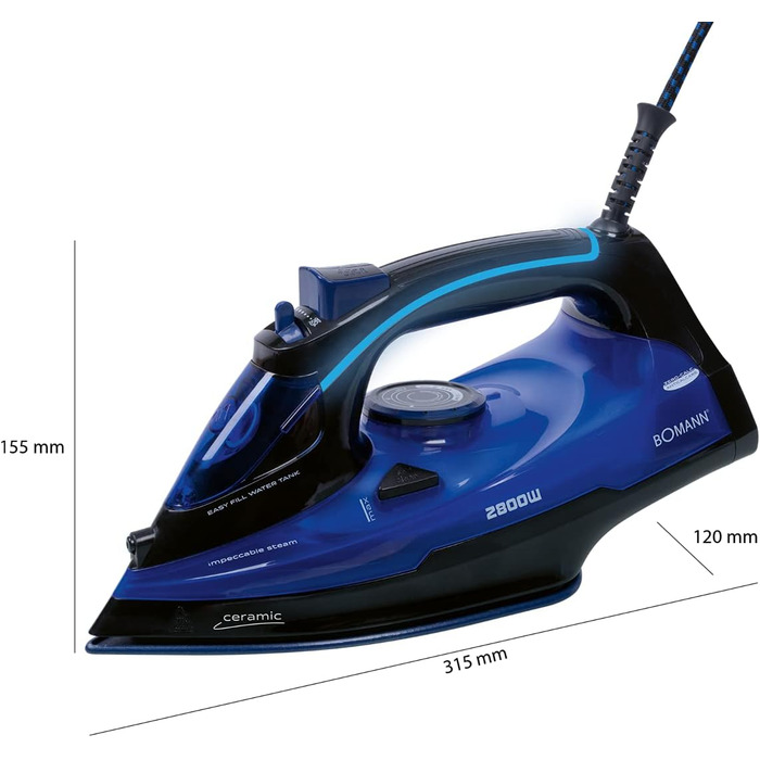 Праска з пароутворювачем Bomann DB 6038 CB, 2800 Вт, 7 функцій, LED-підсвітка ручки, підошва з 3D-кераміки, чорний/синій