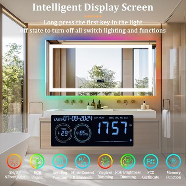 Дзеркало для ванної кімнати LUVODI LED з підсвічуванням, 40x50 см, водонепроникне, сенсорне керування, 3 колірні температури, регульована яскравість, антизапарник, RGB підсвічування, Bluetooth, 120x60 см