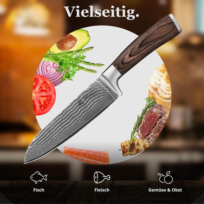 Японський ніж Santoku Wakoli з дамаської сталі (серцевина VG10) 17 см – гострий кухонний ніж для всіх видів нарізок, з ручкою з паккавуду, у подарунковій коробці (без гравію)