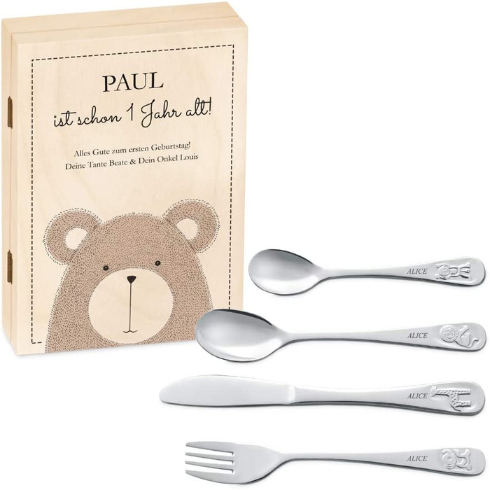 Набір дитячого столового прибору Maverton Kinderbesteck Set з гравіюванням та дерев'яною коробкою з написом - з нержавіючої сталі, з зображенням тварин, 4-х частинний, персоналізований, коричневий - подарунок на день народження, хрещення, народження - вед