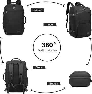 Рюкзак KONO для ручної поклажі літака, великий, водонепроникний, 55 x 35 x 20 см, 38L (Чорний)
