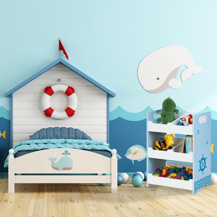Дитяча полиця Relaxdays, HBD 60 x 62,5 x 30 см, 5 відділень, МДФ, полиця для зберігання дитяча кімната, полиця для іграшок, білий/синій, L, (середній)