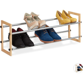 Висувна полиця для взуття, відкрита полиця для взуття з 2 рівнями, дерево та залізо, розширюється до 118 см по ширині, натуральні 2 полиці