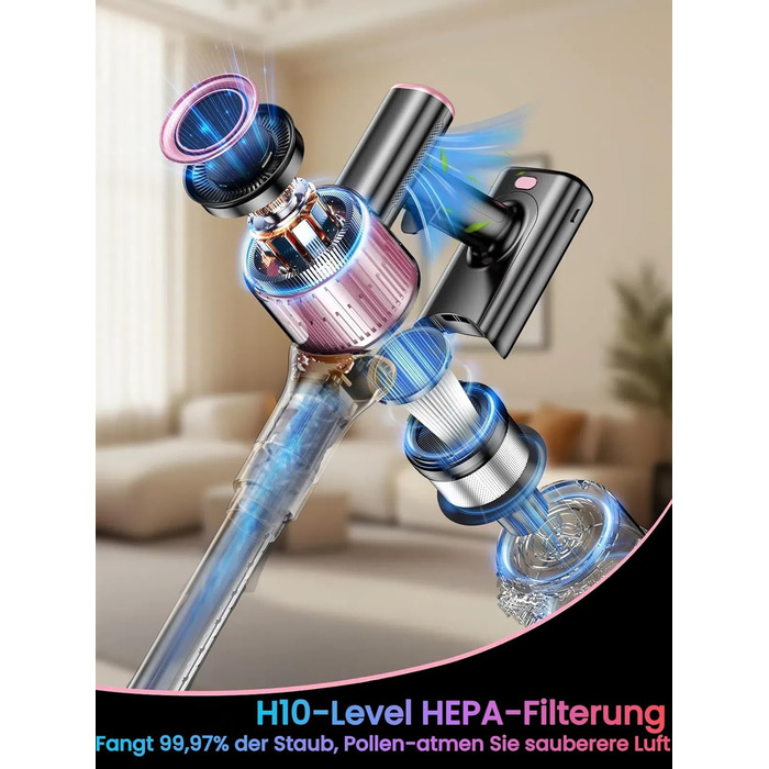 Бездротовий акумуляторний пилосос 45000Pa/500W/45хв з LED дисплеєм та антизаплутана насадка, висувний шланг 73см для твердих поверхонь, килимів та шерсті тварин, рожевий