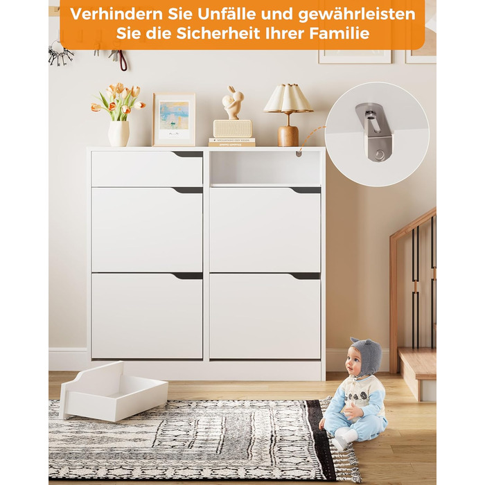 Шкаф для взуття IRONCK з 4 дверцятами, вузький, з 2 висувними ящиками, окремо розташований, з регульованими перегородками, для передпокою, входу та вітальні (Білий) 100*23.5*98 см, Білий