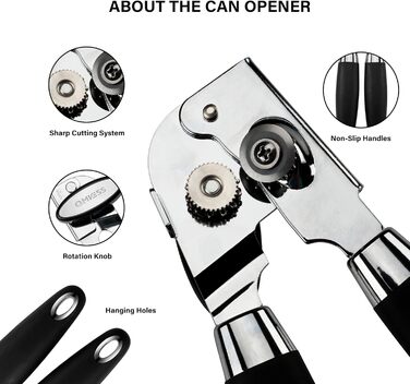 Ручний відкривач для банок QMVESS, нержавіюча сталь, безпечні краї, протиковзкий, з відкривачем для скляних пляшок (чорний)