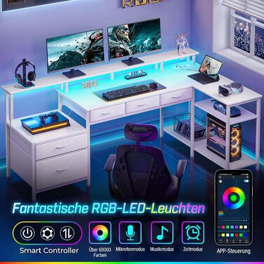 Комп'ютерний стіл Rolanstar L-подібної форми з шухлядами, білий, з розеткою та підставкою для монітора 163 см, для офісу, робочого кабінету, спальні