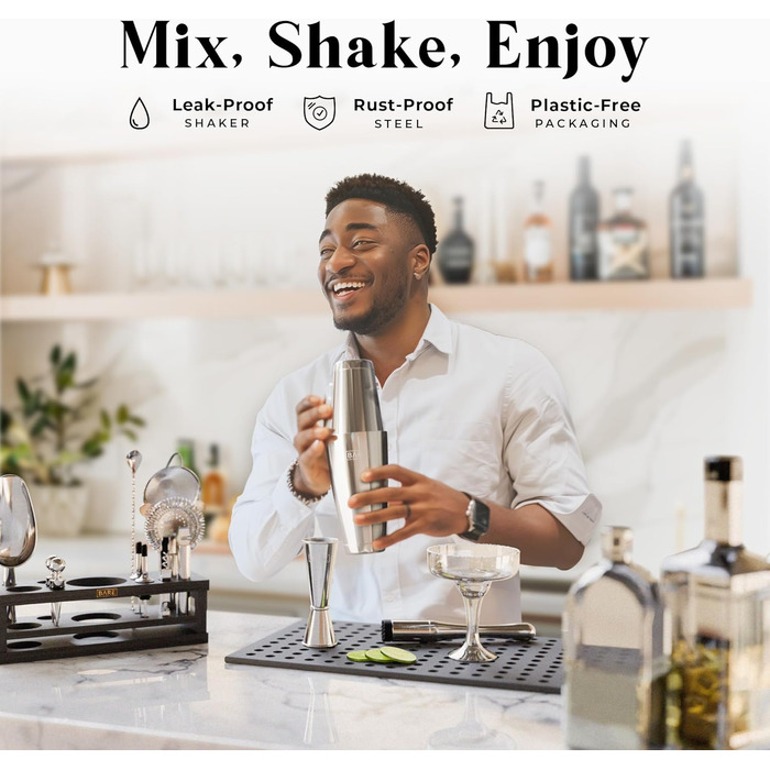 Набір бармена BARE BARREL® Mixology: 16 предметів для приготування коктейлів | Шейкер для Мартіні | Набір барного посуду для дому | 35 рецептів | Подарунковий набір (793.8 г Boston Shaker, срібний/чорний, 28oz)