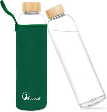 Скляна пляшка Bugucat 1000 мл 2 комплекти, скляна пляшка для води з кришкою та захисною кришкою, пляшка для води герметична з боросилікатного скла, графин для смузі, соків, води та напоїв, без бісфенолу А (бамбук, темно-зелений)