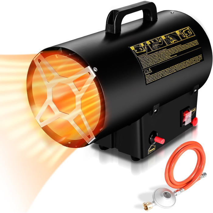 Газовий нагрівач з вентилятором, 15 кВт, з газовим шлангом 1,2 м та редуктором тиску 700 мбар, нержавіюча сталь, Piezo-запалювання, з ручкою